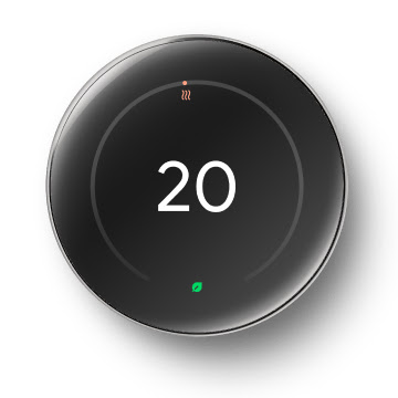 Polished Obsidian Nest Learning Thermostat (4th gen) showing 20 degrees.