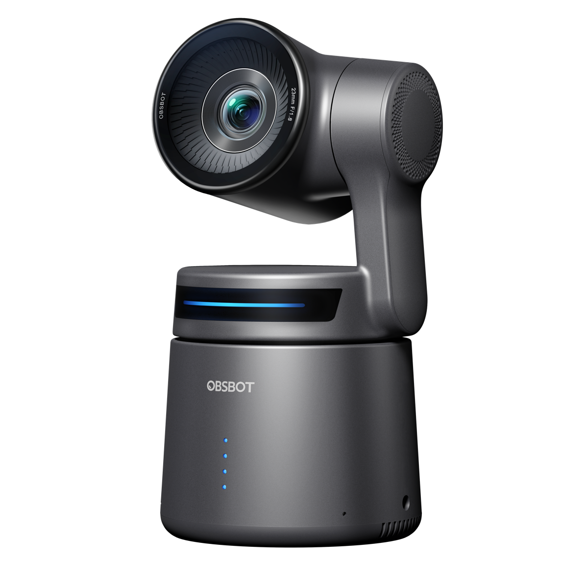 Dark gray OBSBOT Tail Air PTZ camera in a front three-quarter view.