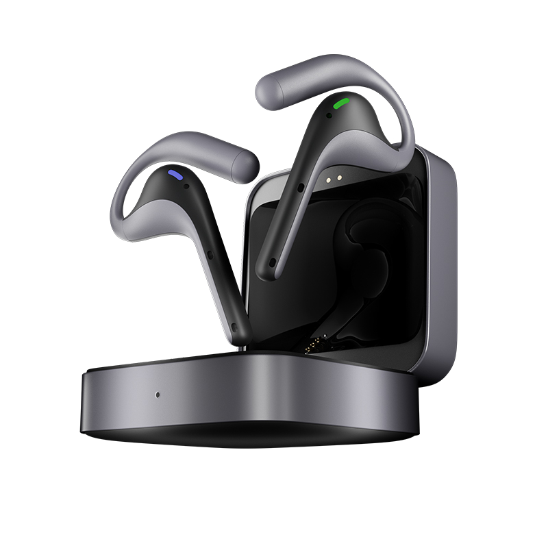 Gray Timekettle W4 Pro earbuds above their open charging case.